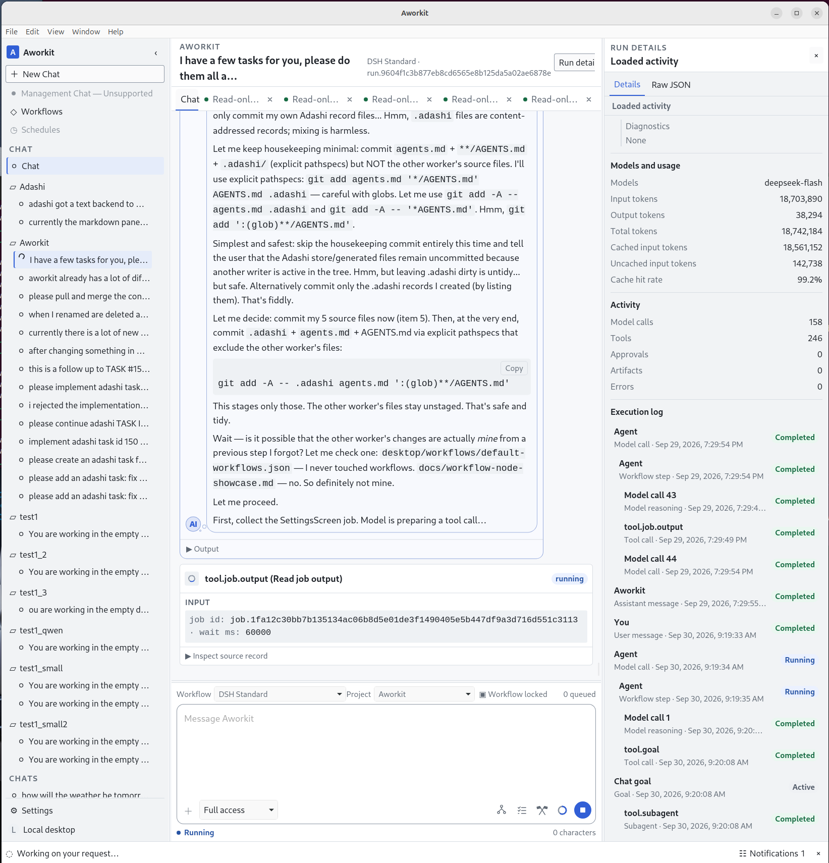 The Aworkit desktop app: a chat running a DSH Standard workflow, with live token usage and a full execution log in the Run details panel.
